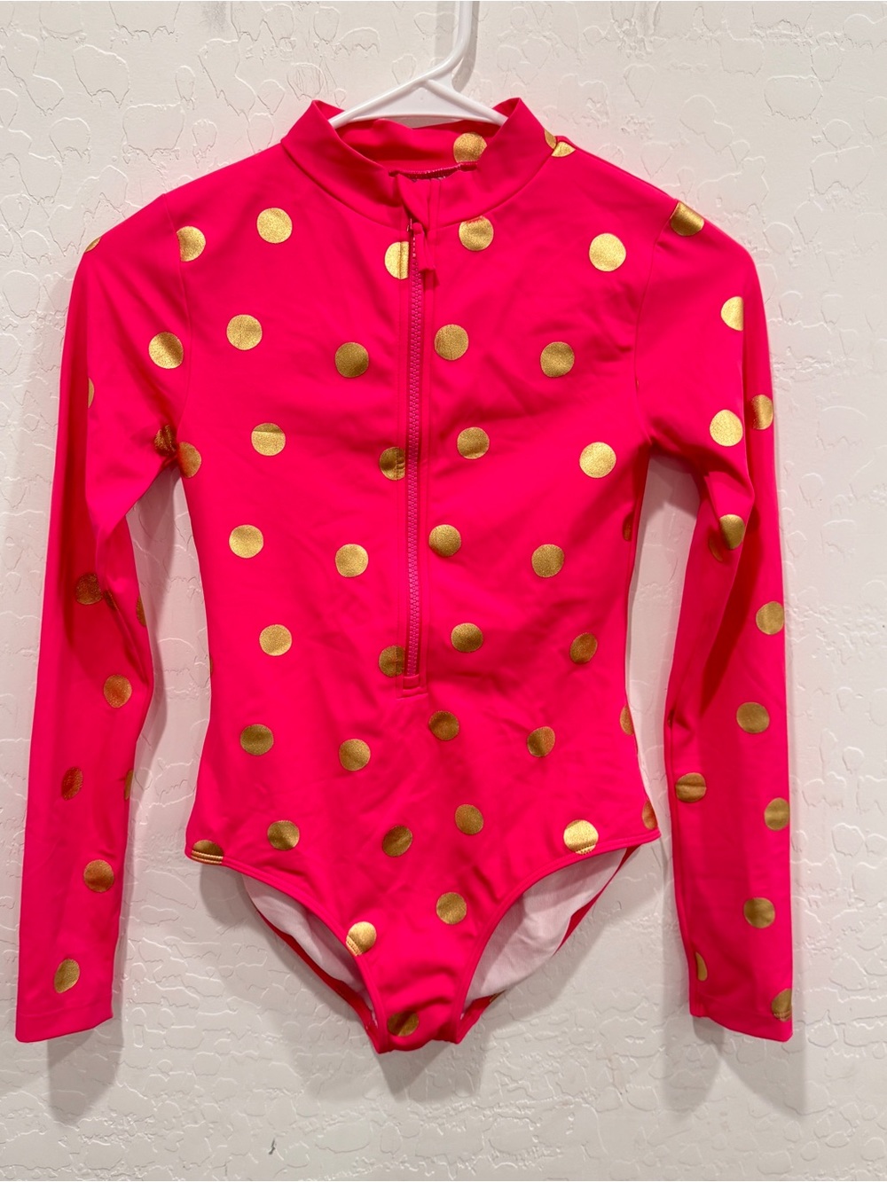 Mini Boden Swimsuit Girls 11-12 Y Pink Gold Foil Dot Rashguard Long Sleeve